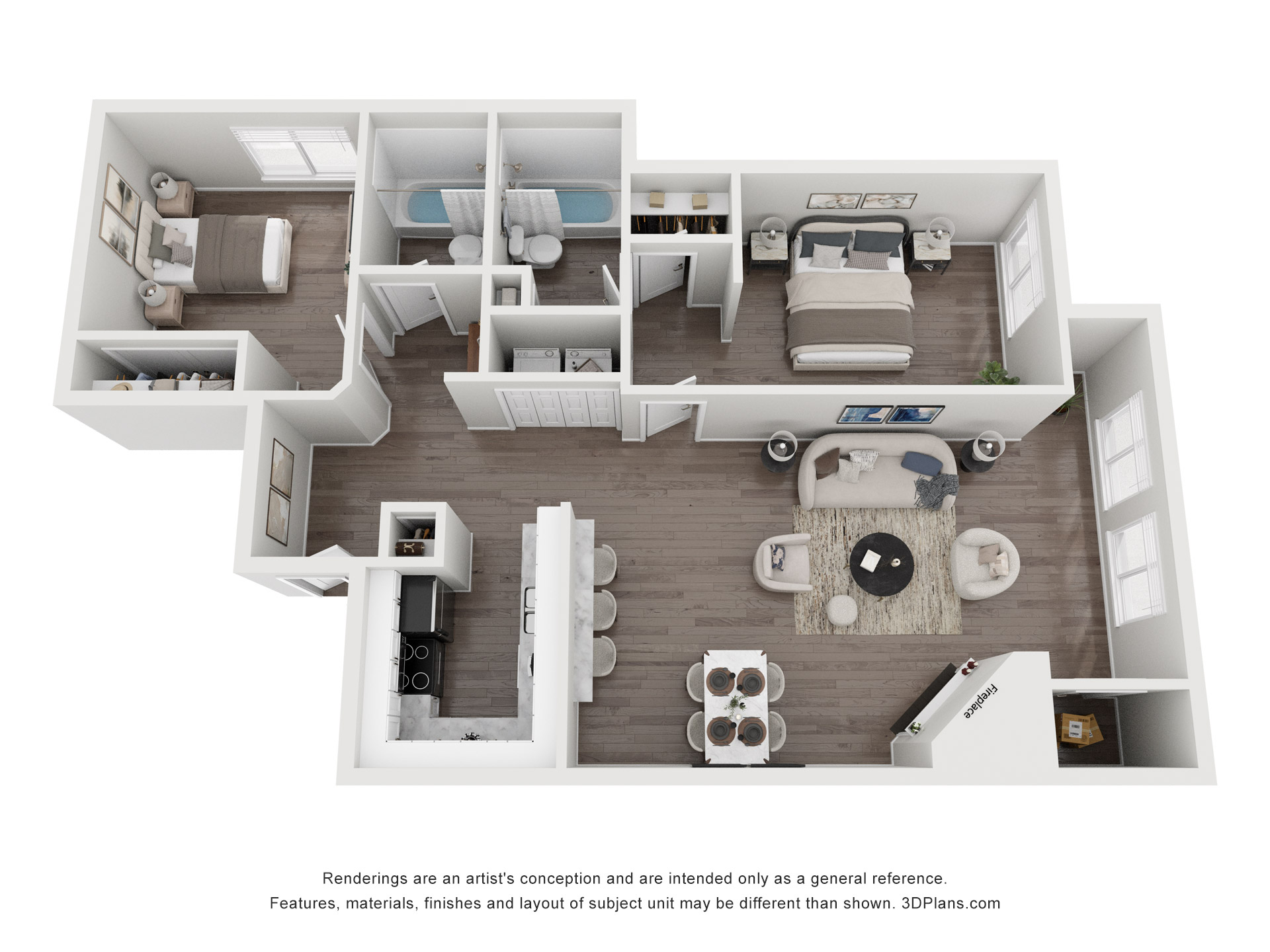 Floor plan for 2 beds, 2 baths, 950 sqft
